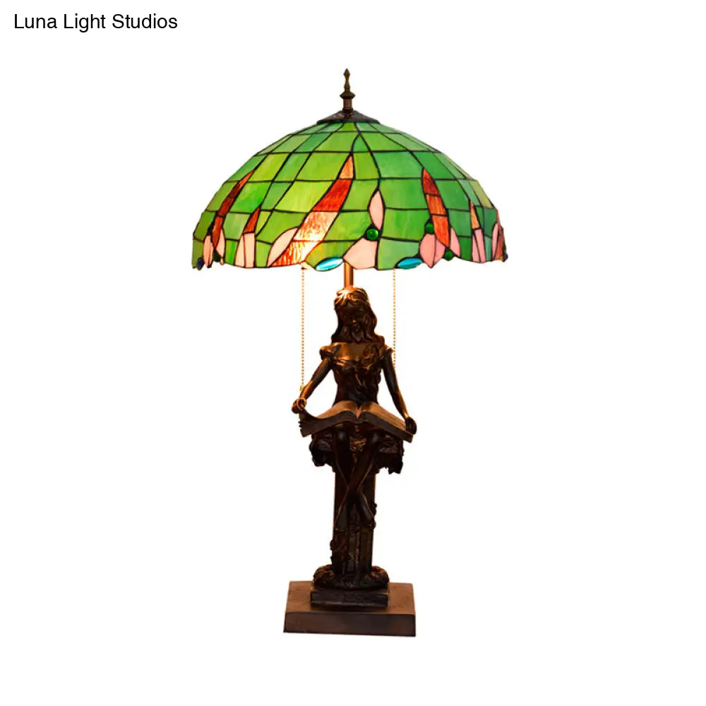 Tiffany Resin Table Lamp With 2 Heads Pull Chain And Green Glass Shade - Ideal For Nightstand Or