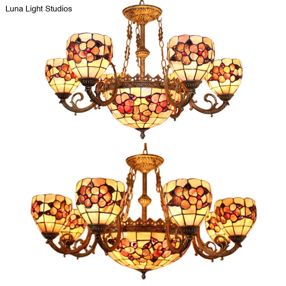 Tiffany Shell Multi-Head Pendant Chandelier In Beige For Living Room Decor