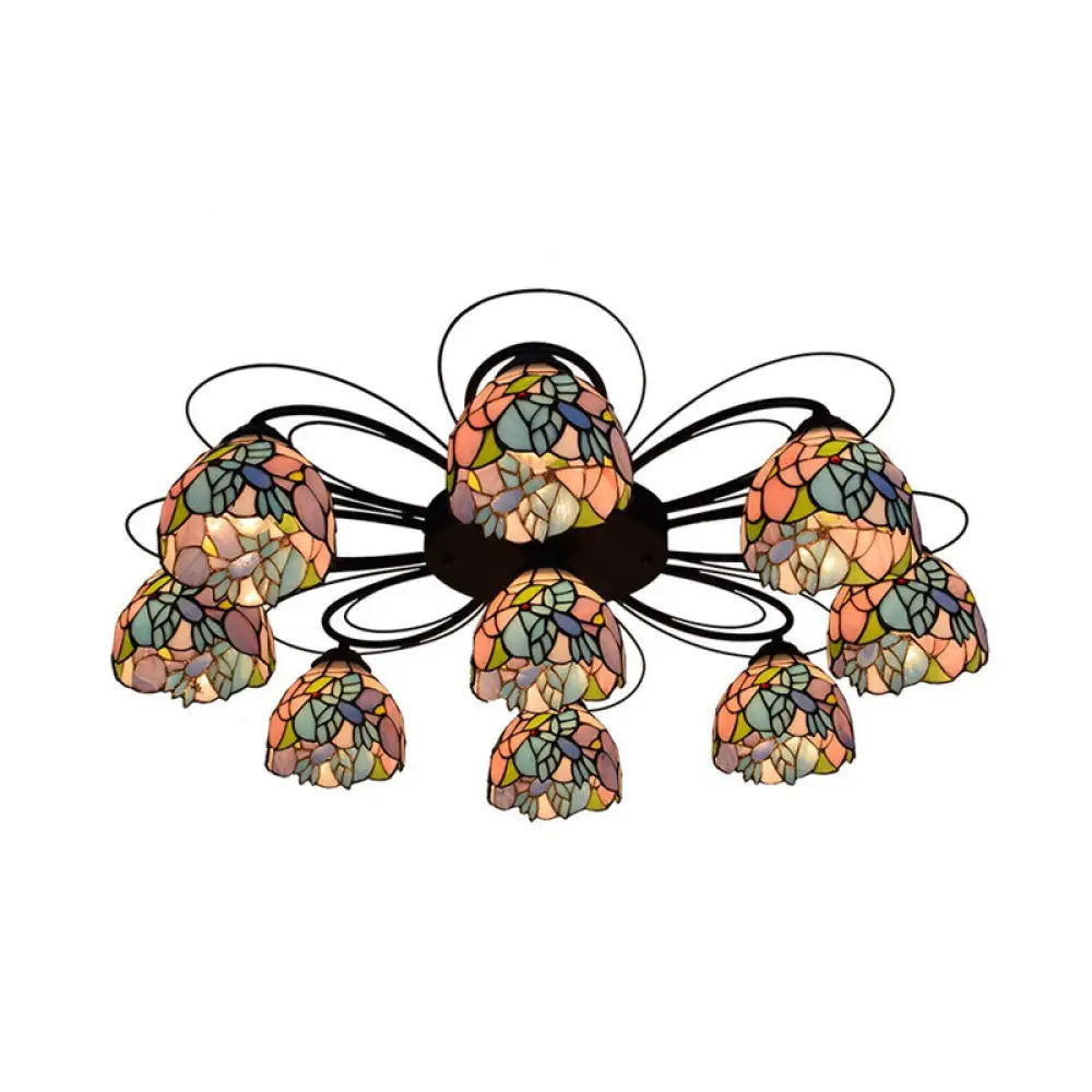 Tiffany Stained Glass Bowl Ceiling Light Fixture - Red/Orange/Green Semi Flush Mount 3/7/9 Heads 9