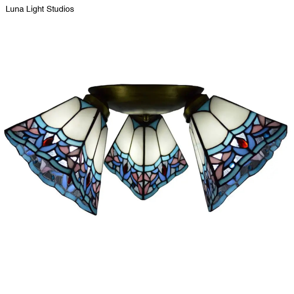 Tiffany Stained Glass Ceiling Light Fixture - Small Flush Mount For Hallway With 3 Heads