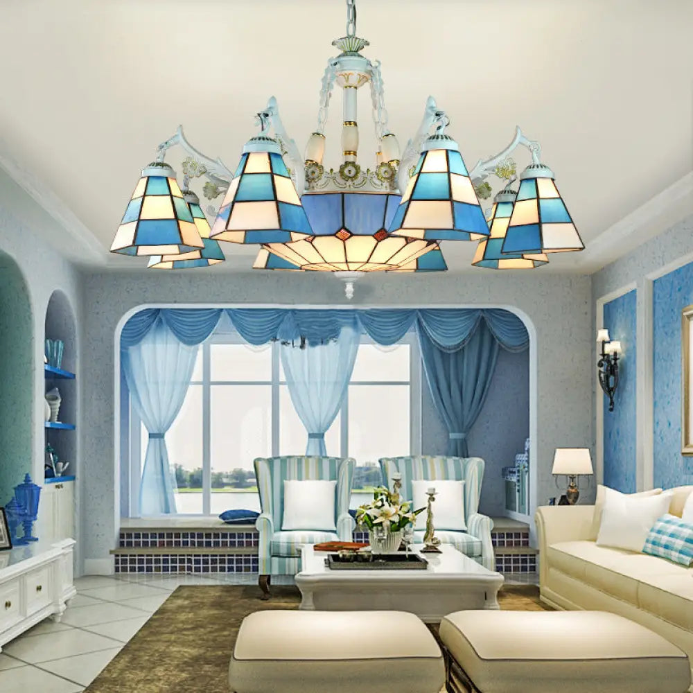 Tiffany Stained Glass Hanging Chandelier - 11 Light Pendant Ceiling With Flower/Square/Diamond/Gem