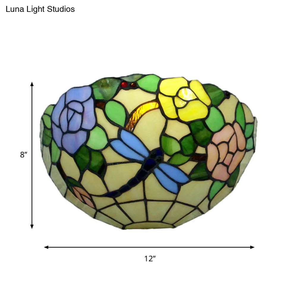 Tiffany Stained Glass Wall Sconce With Colorful Flower And Butterfly Design For Balcony Decor