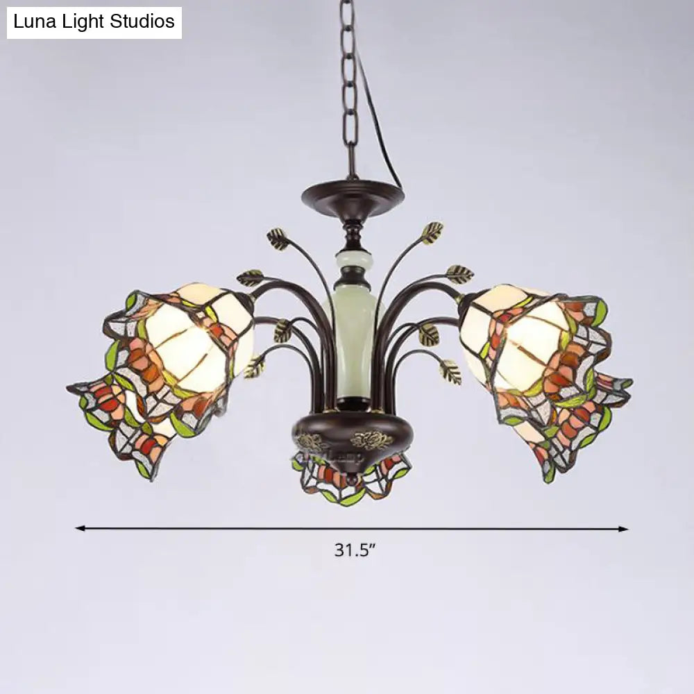 Tiffany Style Art Glass Pendant Chandelier With Floral Design & Bronze Finish For Bedroom - 3/6/8