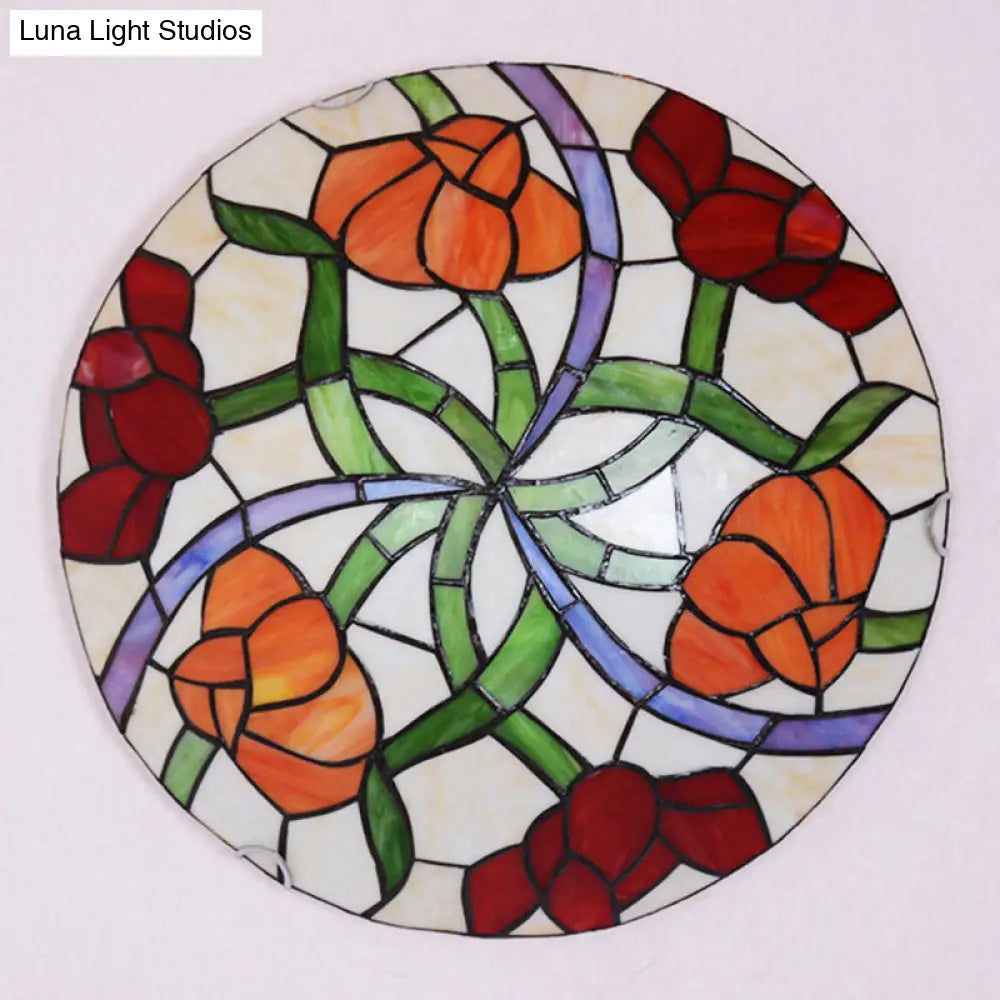 Tiffany - Style Multicolored Stained Glass Flower Flush Mount Ceiling Light Fixture
