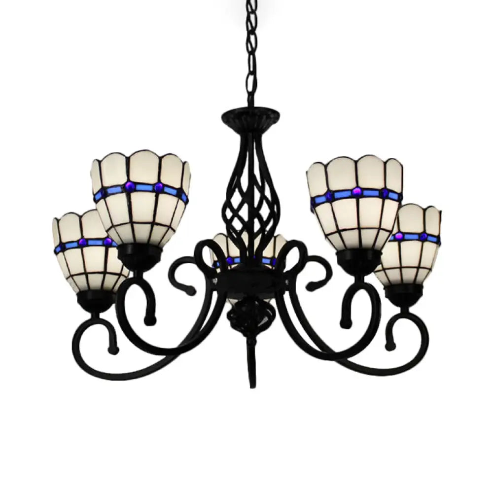 Tiffany Style Stained Glass Chandelier: Curved Arm Pendant Lamp With 5 Yellow/Blue Lights Blue
