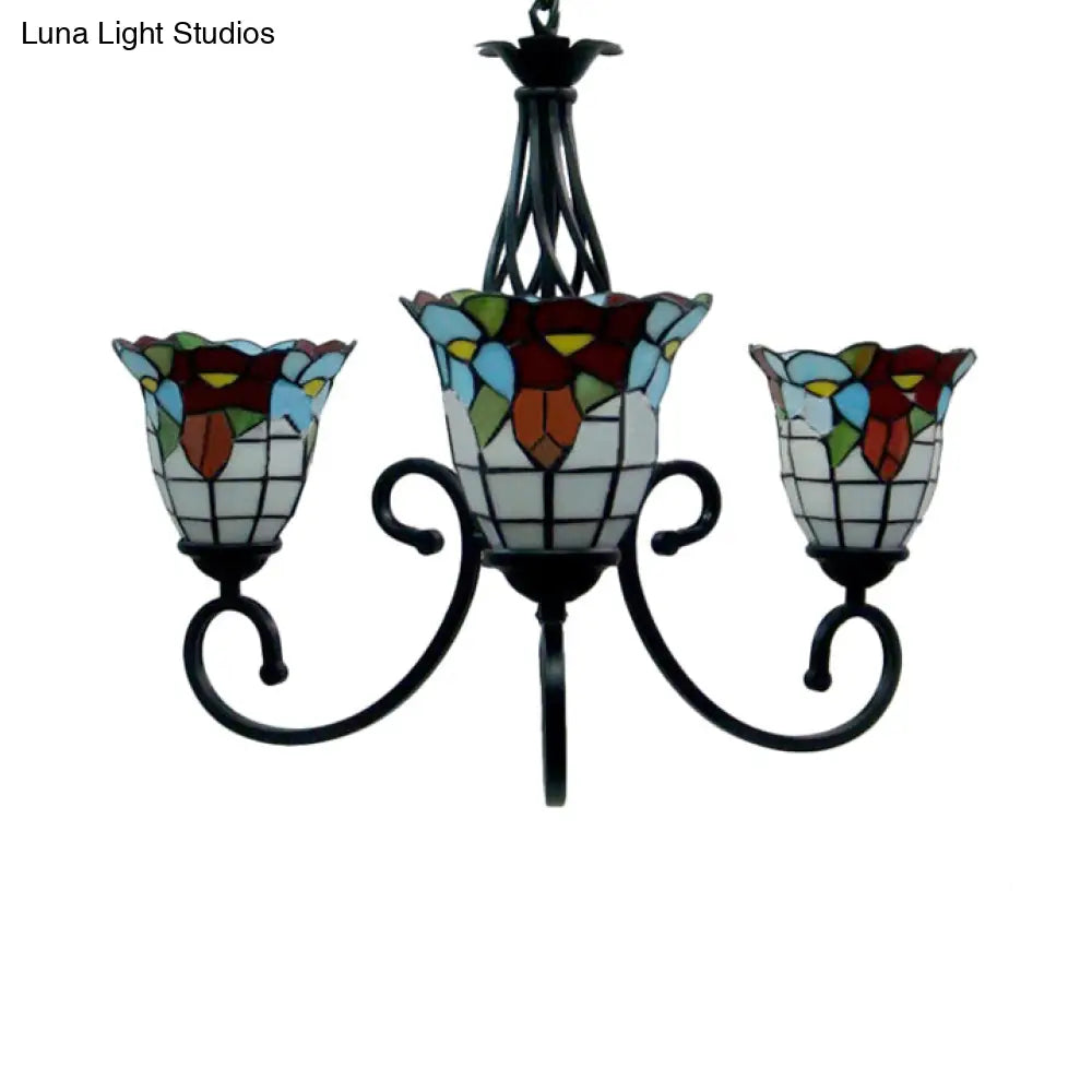 Tiffany Style Stained Glass Chandelier With Flower Design - 3/5 Lights Ideal For Hotels
