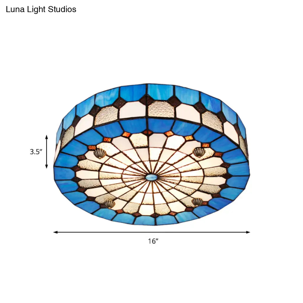 Tiffany Style Stained Glass Round Ceiling Light Fixture - Blue 16’/23.5’ Flushmount With 3/4