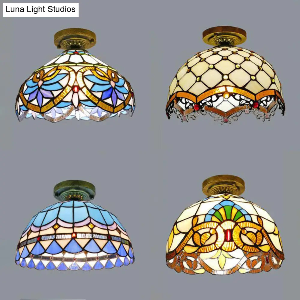Tiffany Style Victorian/Flower/Pearl/Baroque Flush Mount Lamp With Stained Glass Shade - Antique