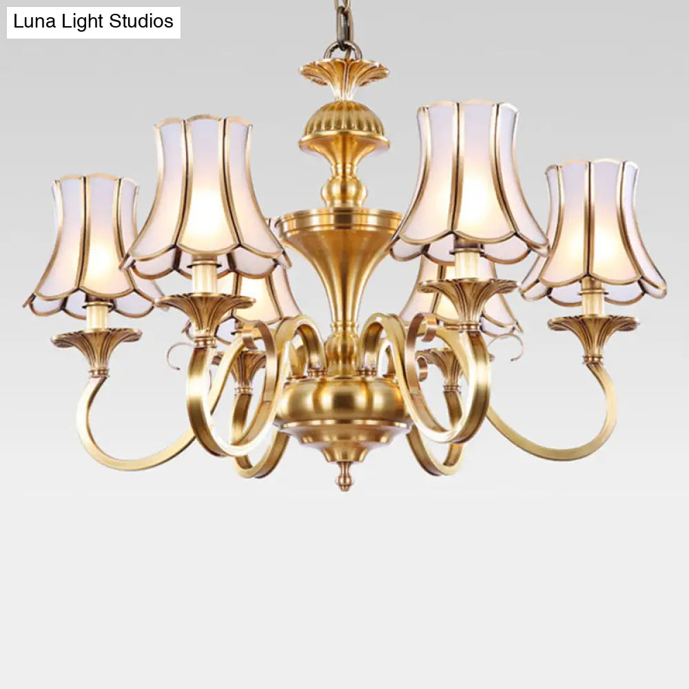 Traditional Bedroom Chandelier Light With Frosted Glass Shades - Polished Brass Finish 3/5/6 Lights