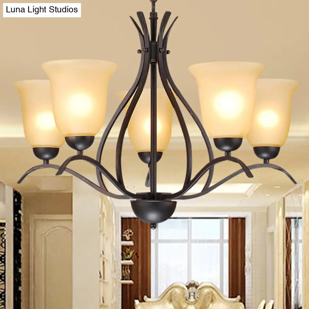 Traditional Bell Pendant Chandelier - Beige Frosted Glass Hanging Light Black