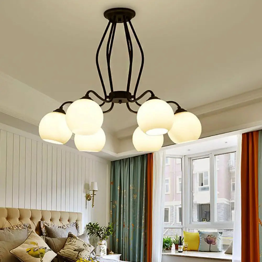 Traditional Black Semi Flush Ceiling Light Fixture With White Glass Shades - 3/6/8 Lights For