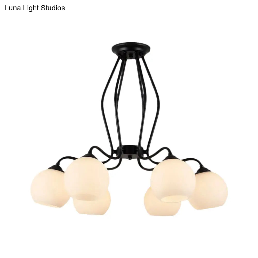 Traditional Black Semi Flush Ceiling Light Fixture With White Glass Shades - 3/6/8 Lights For