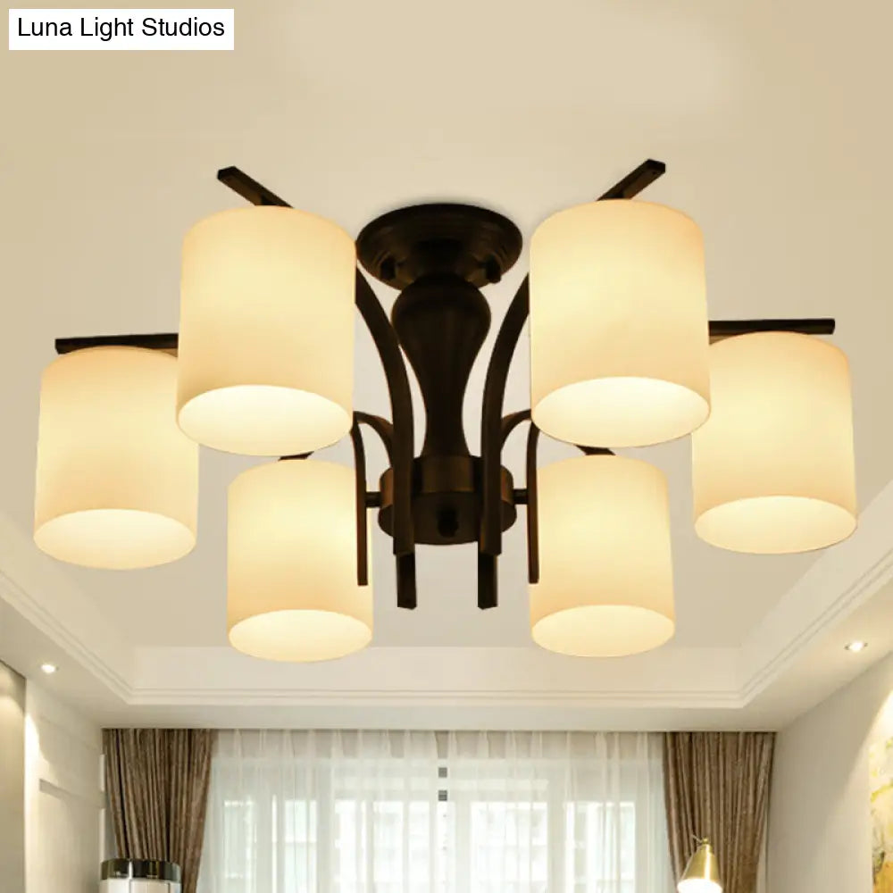 Traditional Black Semi Flush Mount Ceiling Light With Frosted Cylinder Glass Shades - Ideal For