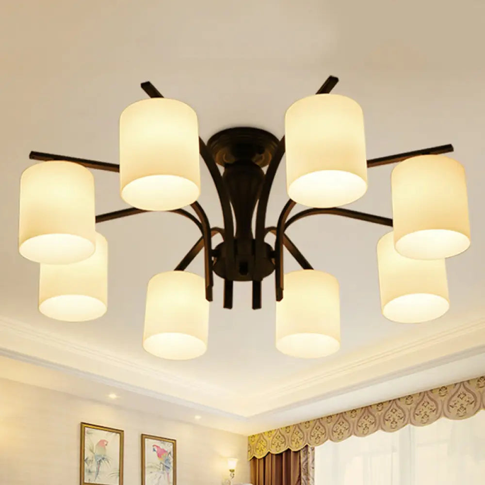 Traditional Black Semi Flush Mount Ceiling Light With Frosted Cylinder Glass Shades - Ideal For