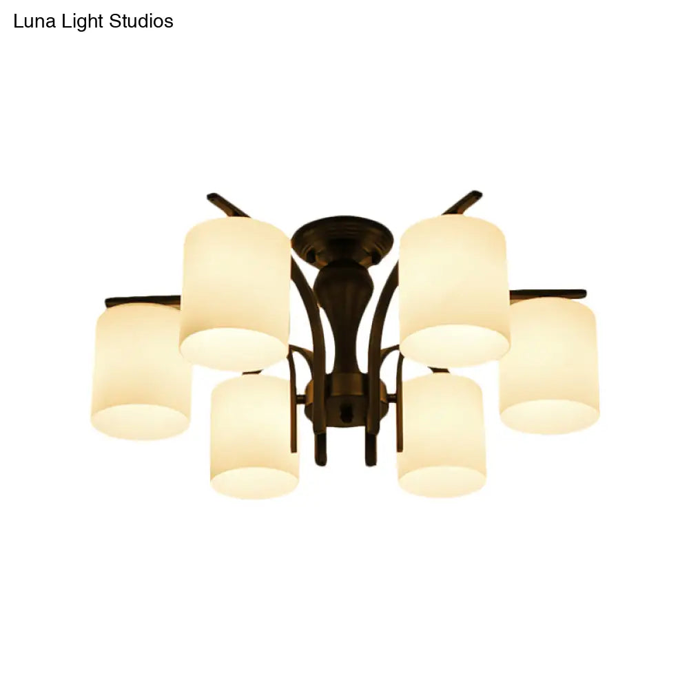 Traditional Black Semi Flush Mount Ceiling Light With Frosted Cylinder Glass Shades - Ideal For