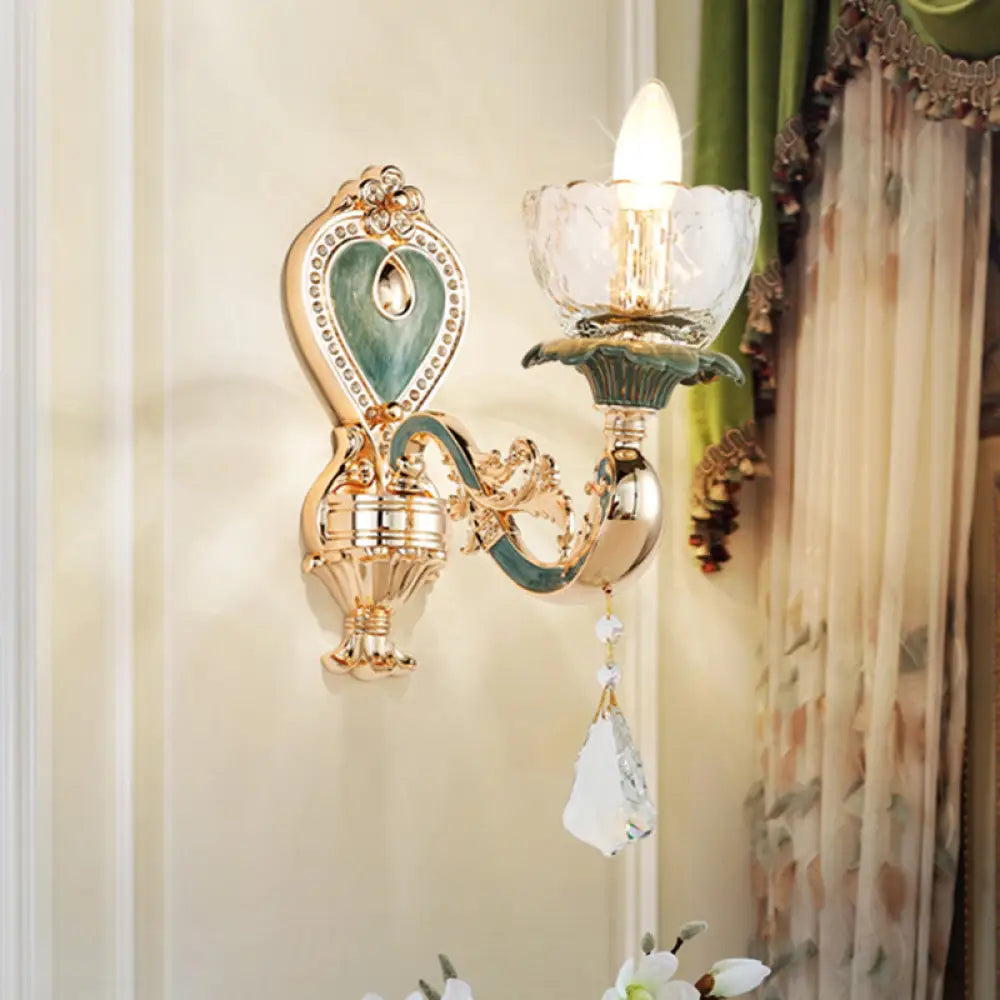 Traditional Blue And Gold Crystal Sconce Wall Light With Curved Arm Green