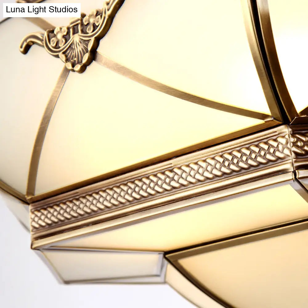 Traditional Brass Semi Flush Mount Ceiling Lamp With Opal Glass Drum – 4 Lights