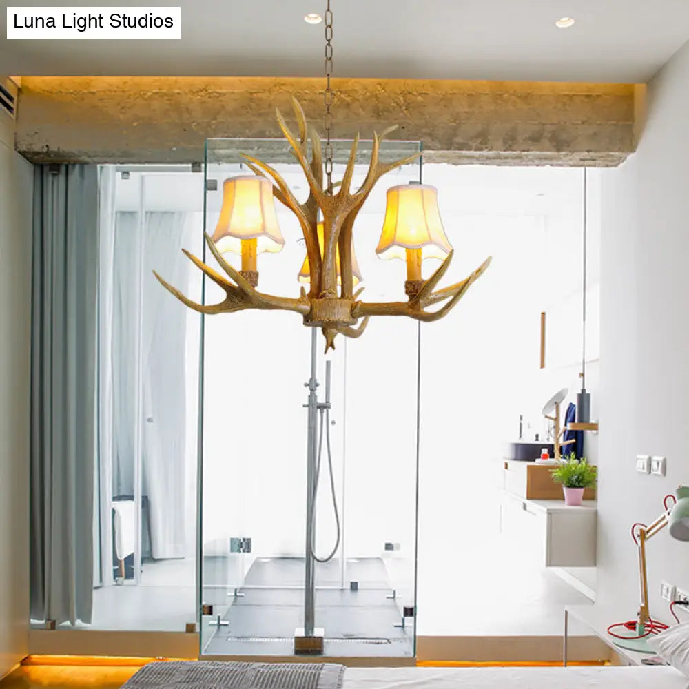 Traditional Resin Chandelier Pendant Light With Antler - Conical Shape Brown Finish 3/4/5 Bulbs