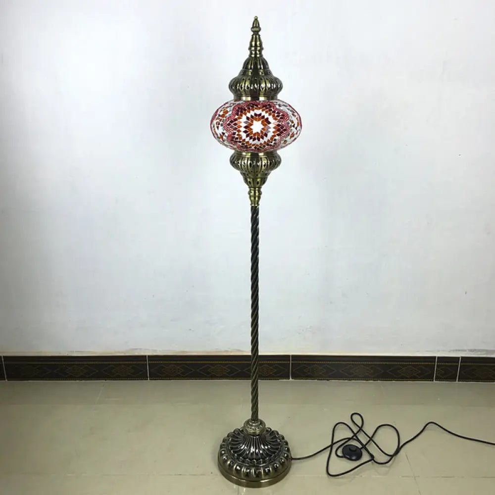 Traditional Stained Glass Oval Standing Lamp - 1 Head Living Room Floor Light In Red/Yellow/Blue
