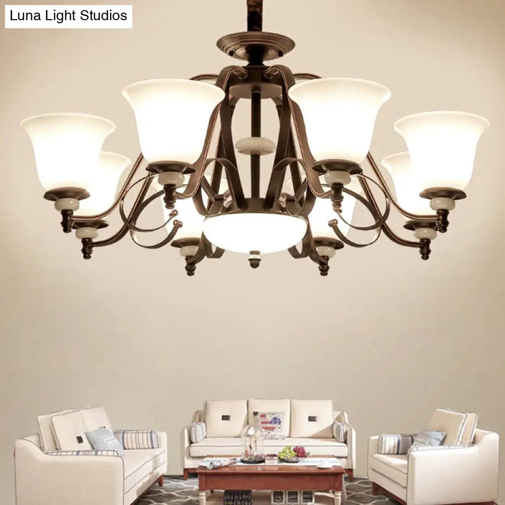 Traditional White Glass Chandelier Lamp With Dark Coffee Bell Shades - 3/6/8 Lights For Living Room
