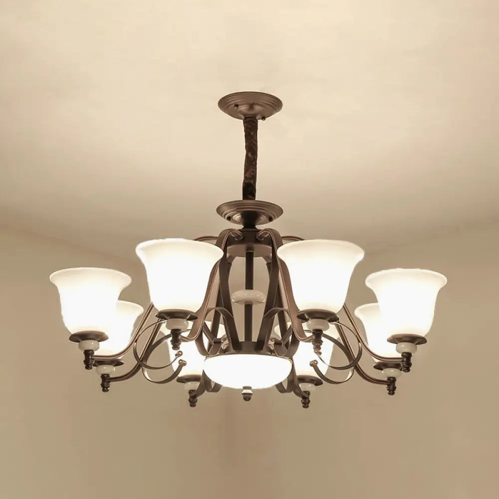 Traditional White Glass Chandelier Lamp With Dark Coffee Bell Shades - 3/6/8 Lights For Living Room