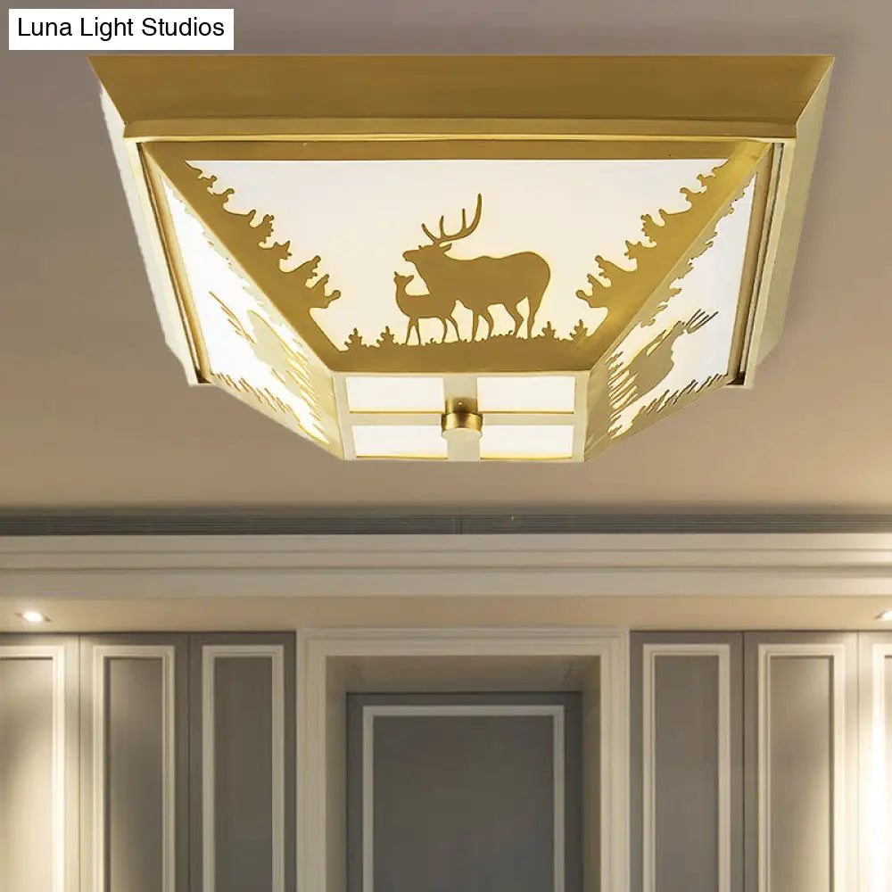 Trapezoid Brass Flush Mount Vintage Metal Ceiling Lamp With 4 Bulbs – Ideal For Living Room Lighting