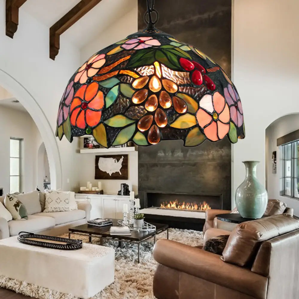 Victorian Flower Ceiling Lamp - Handcrafted Art Glass Pendant Light Black 1 Bulb 12’/16’ Wide / 16’