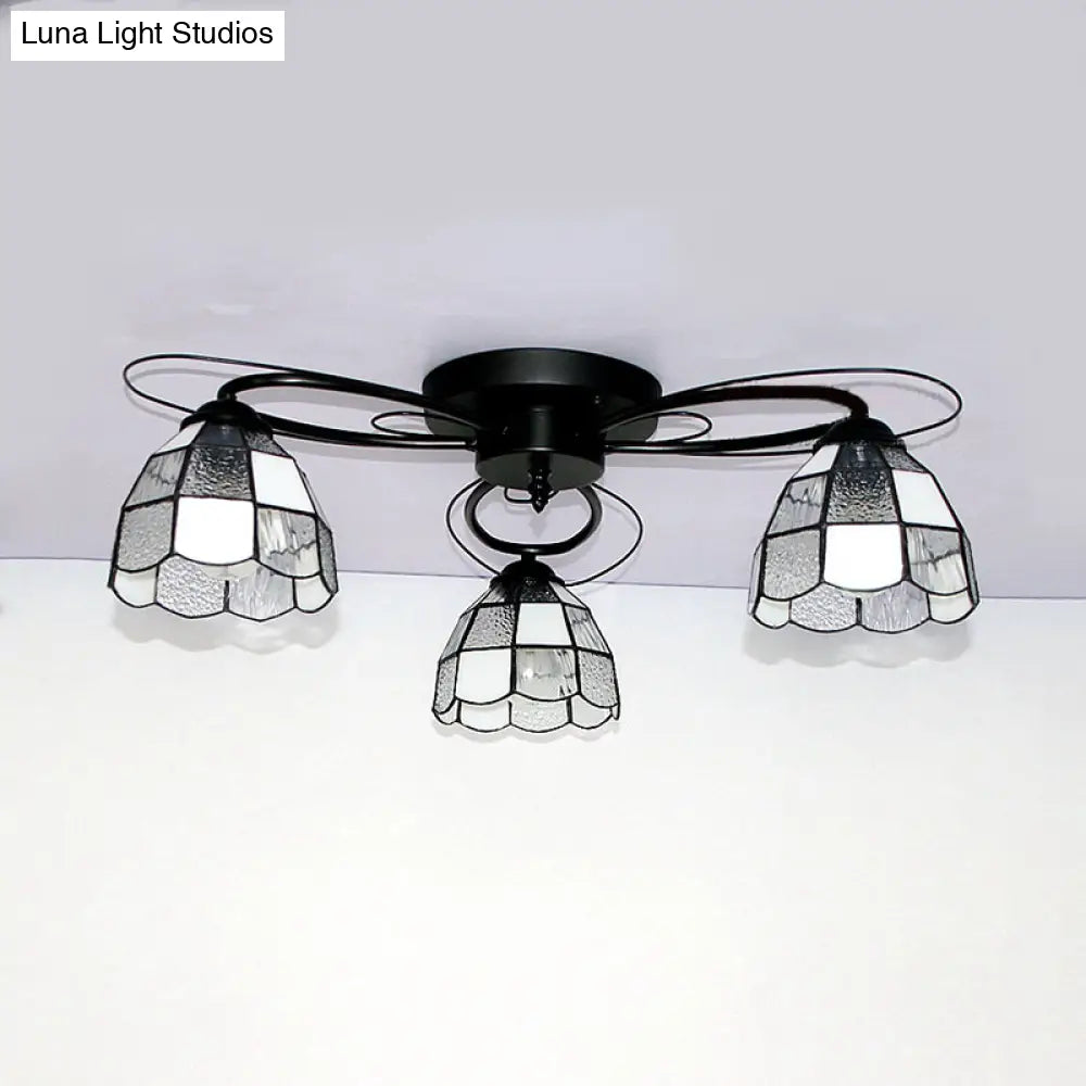 Victorian Stained Glass Ceiling Fixture - Dome Shape Black Flush Mount With 3 Lights