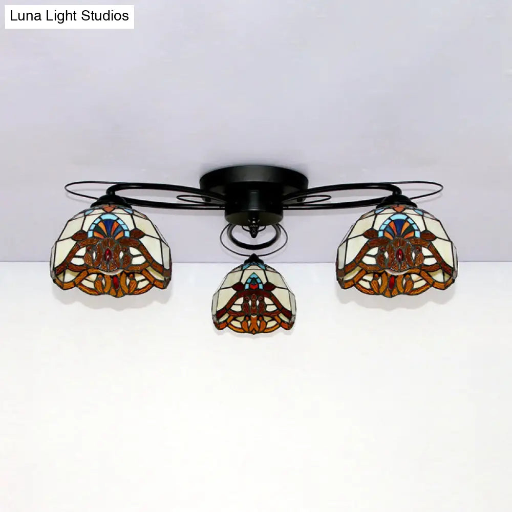 Victorian Stained Glass Ceiling Fixture - Dome Shape Black Flush Mount With 3 Lights