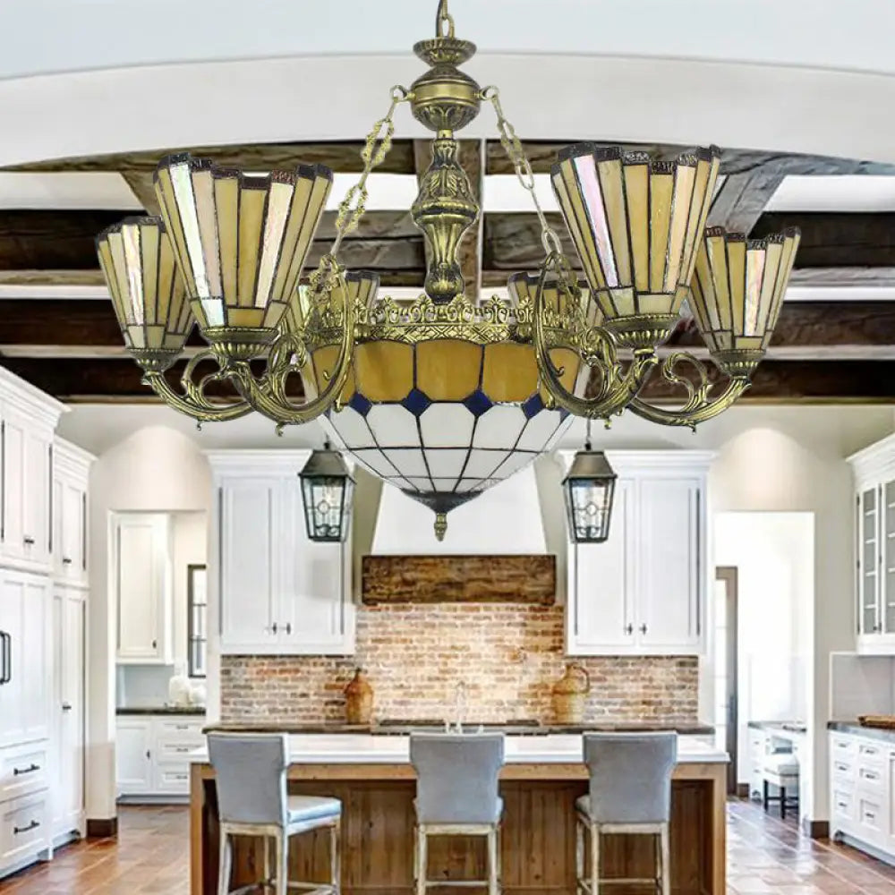 Villa Shuttlecock Chandelier: Vintage Tiffany Yellow Hanging Light / Flared