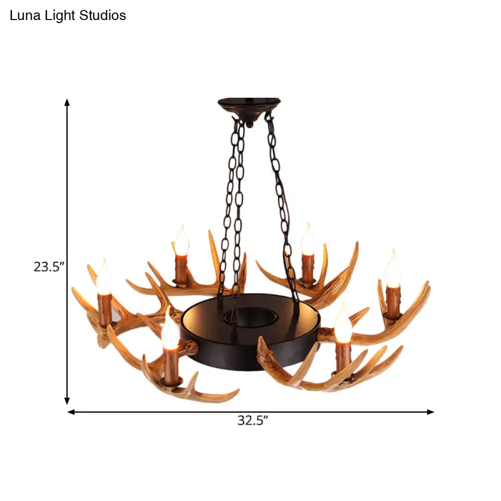 Village Wood Candelabra Chandelier - 6-Light Resin Lamp For Living Room Pendant Lighting