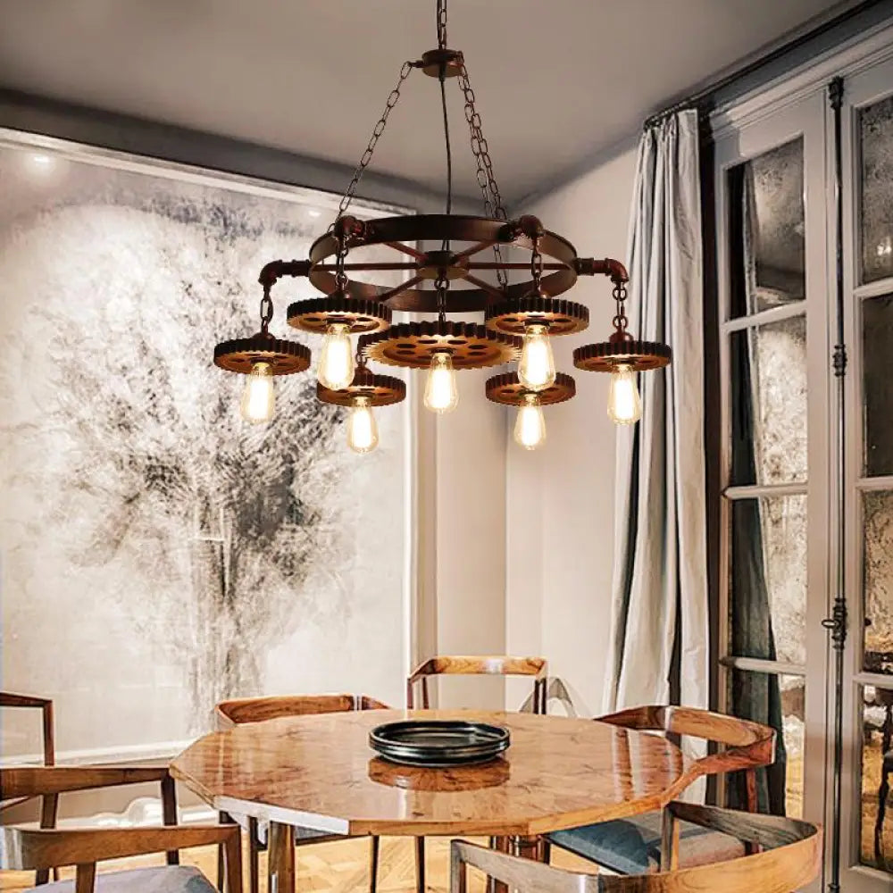 Vintage 3/7-Head Pendant Lighting | Antique Style Dark Rust Metal Chandelier For Restaurants 7 /