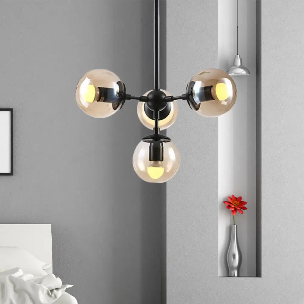 Vintage Amber Glass Orb Chandelier - 4-Light Black Ceiling Fixture For Dining Room