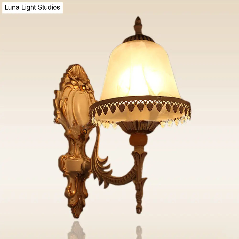 Vintage Beige Cloche Wall Light Fixture With Frosted White Glass - Single-Bulb Bedroom Lighting