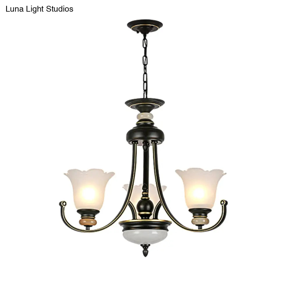 Vintage Black Chandelier: Flower White Glass Ceiling Light 3/6/8 Lights For Bedroom Fixture