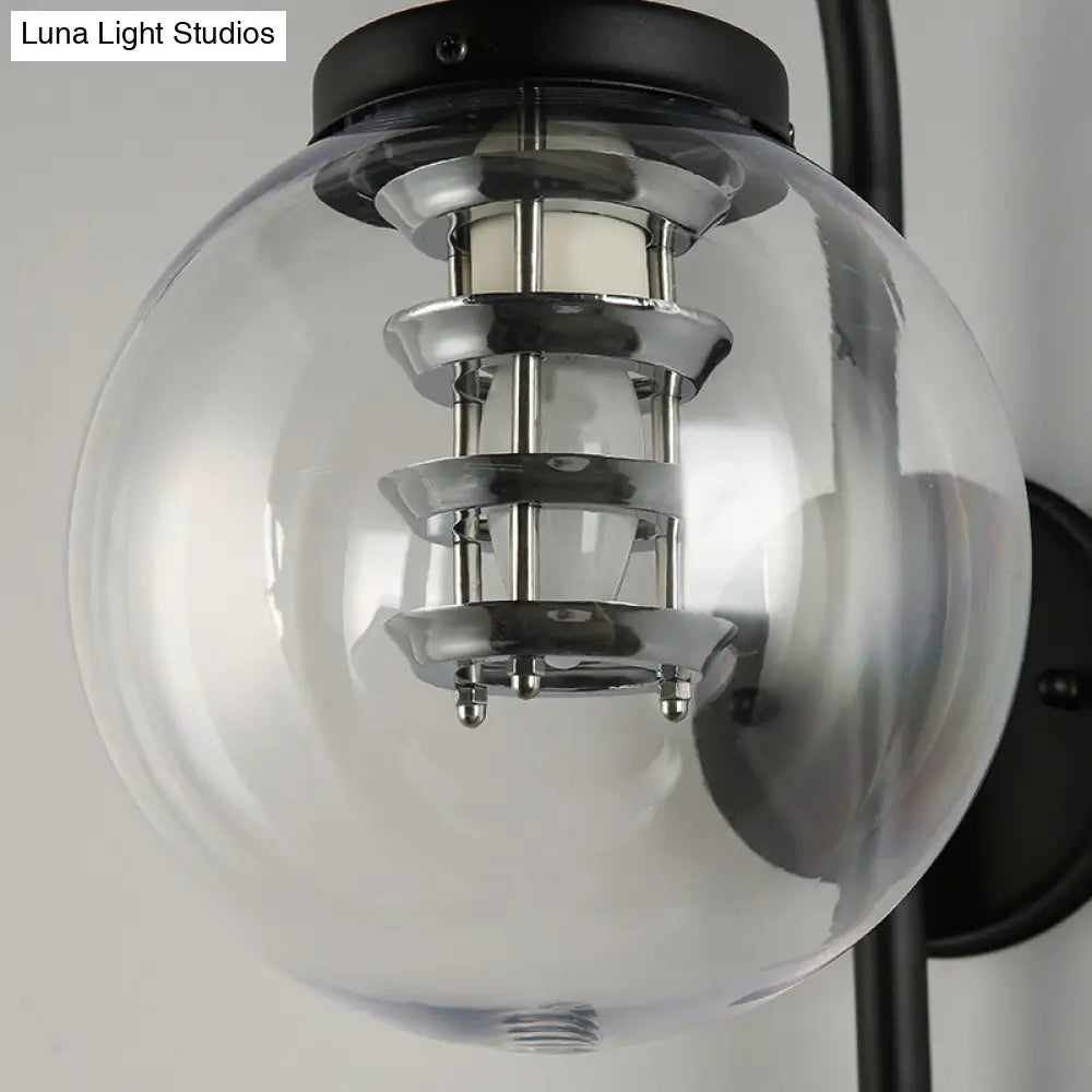 Vintage Black/Stainless-Steel Clear Glass Wall Lamp With Gooseneck For Bedroom - 1-Light Globe