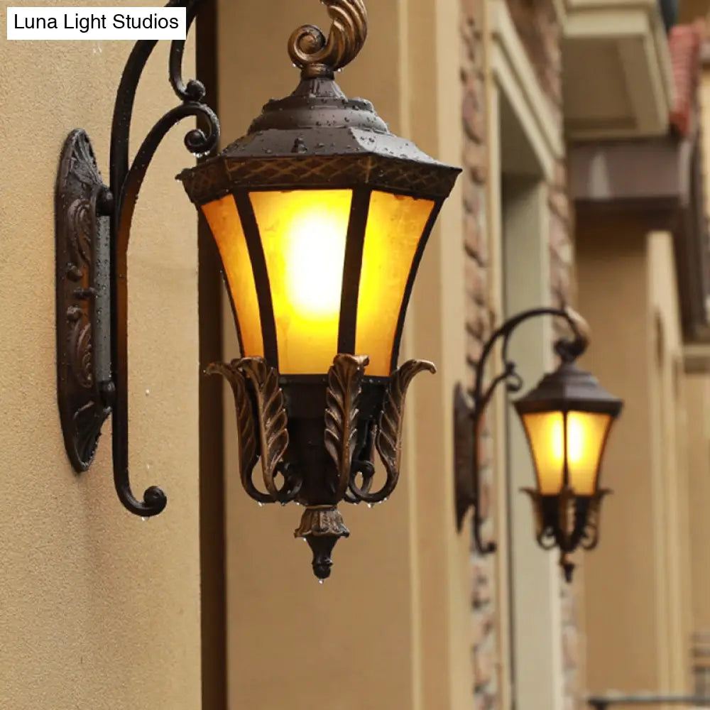Vintage Black Wall Sconce Light With Amber Glass - Flared Design For Villa And Garden