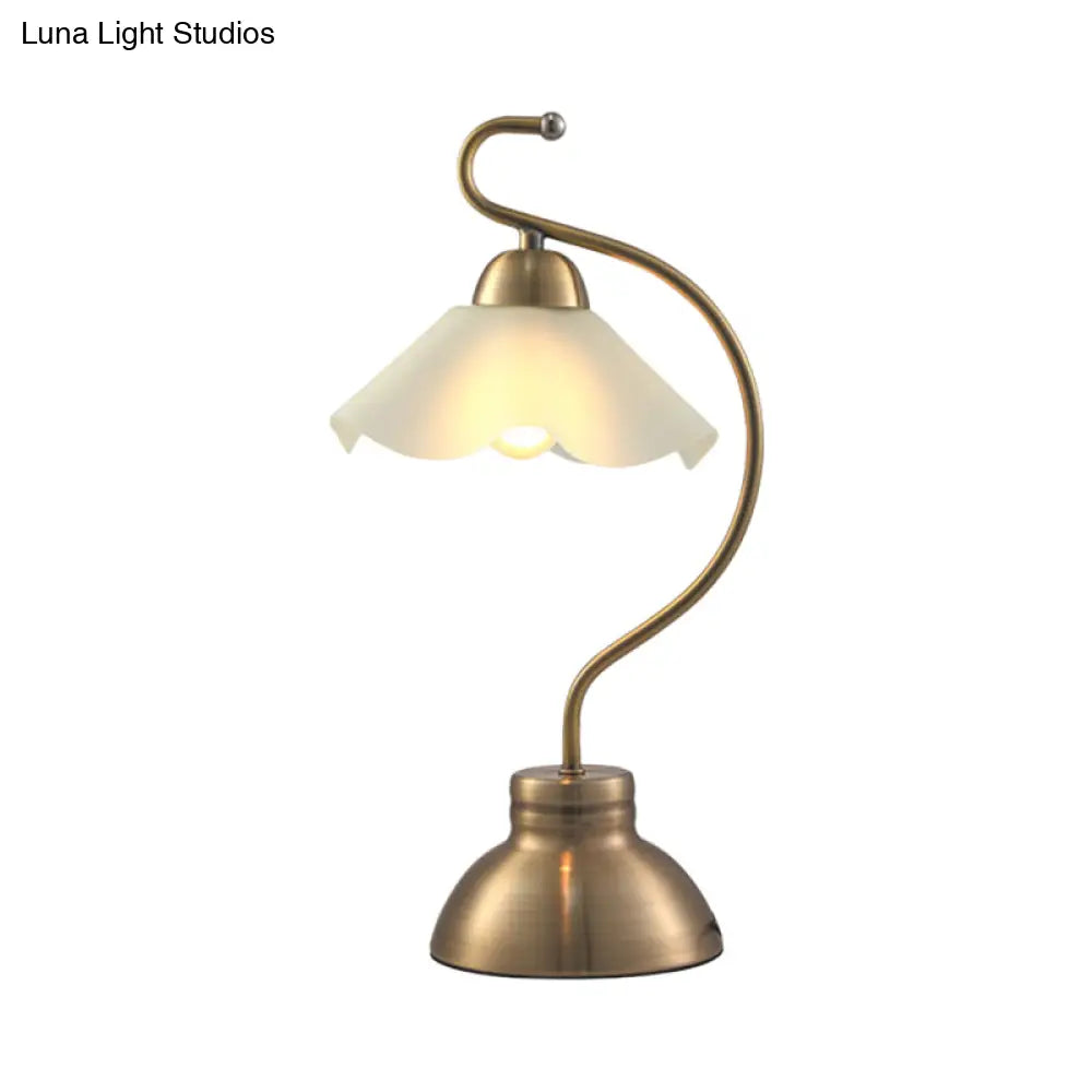 Vintage Brass Curvaceous Night Light Table Lamp With Ruffle Milk Glass Lampshade