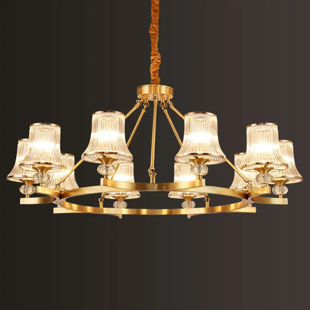 Vintage Brass Flared Chandelier With Clear Rib Glass - Living Room Pendant Light 10 /