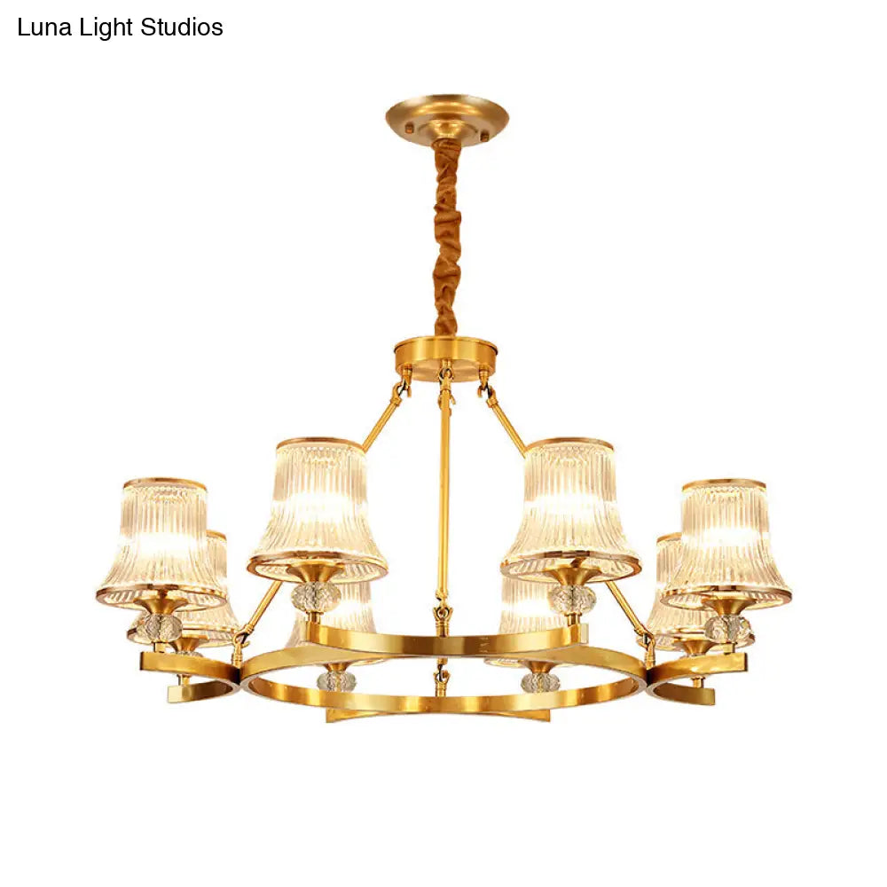 Vintage Brass Flared Chandelier With Clear Rib Glass - Living Room Pendant Light