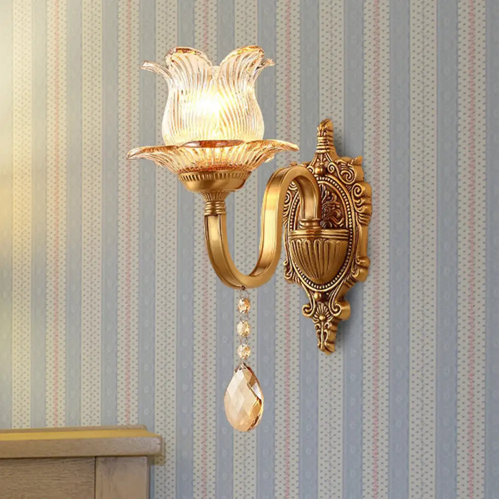 Vintage Brass Floral Sconce Light Fixture With Clear Prismatic Glass - Led Wall Mounted Lamp For