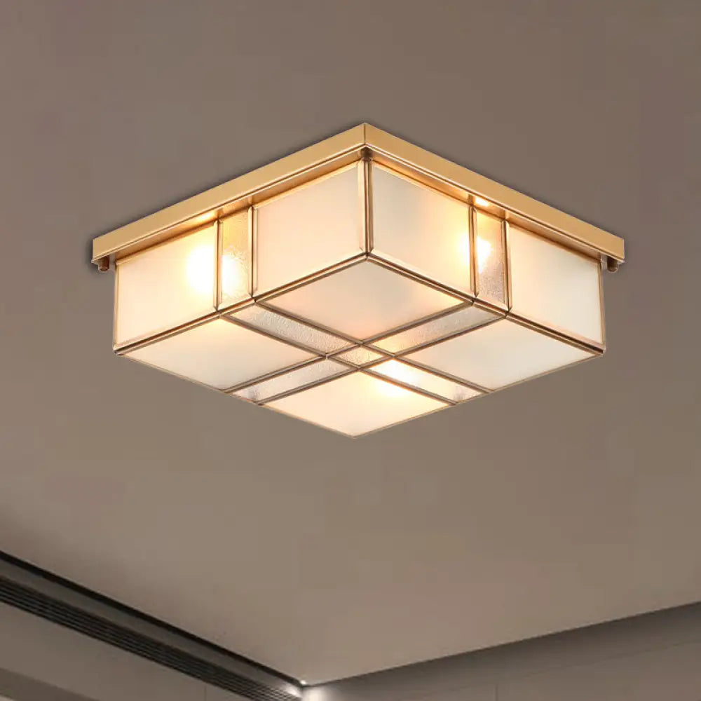 Vintage Brass Square Flush Mount Light With Frosted Glass Shades - Perfect For Bedrooms And