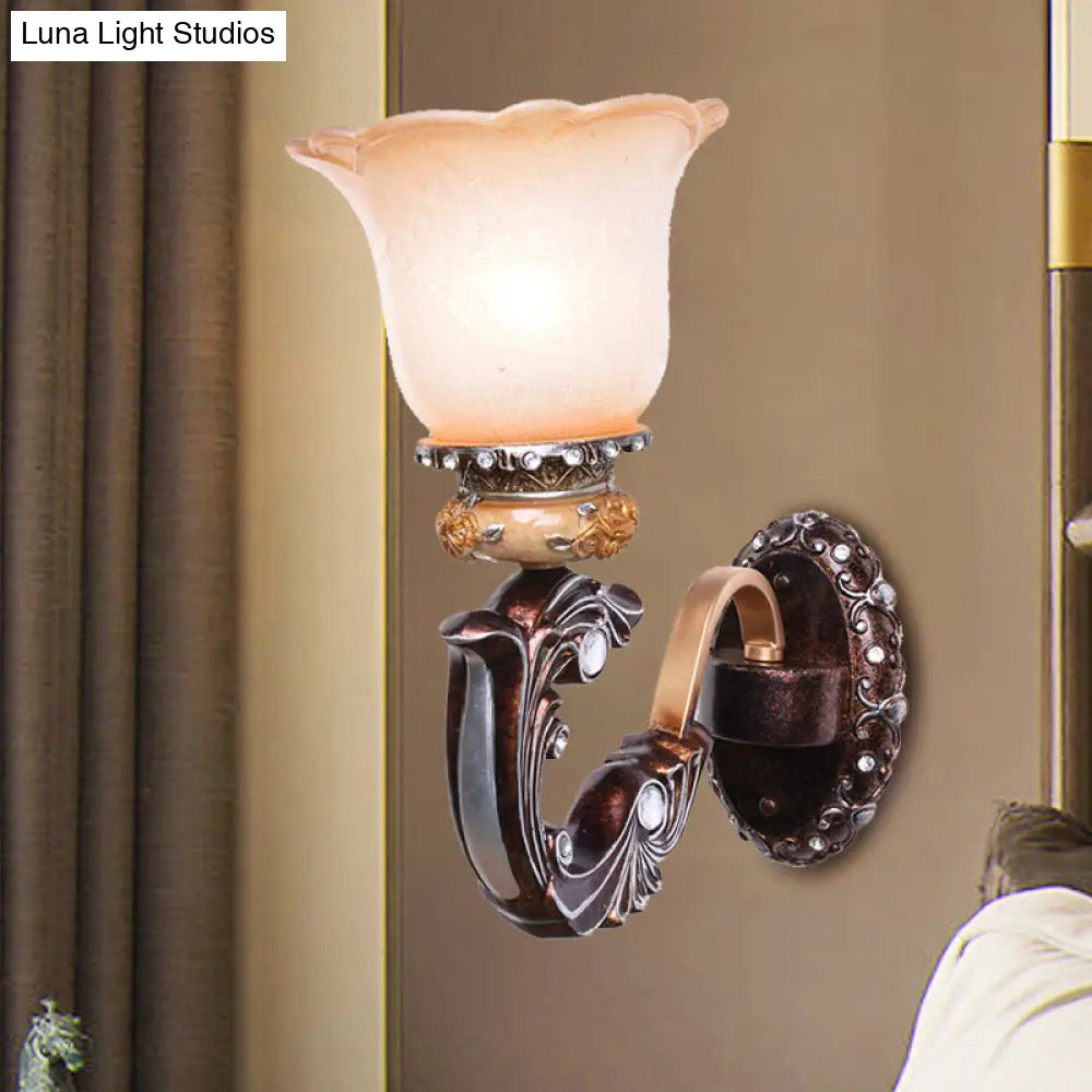 Vintage Brown Half-Head Wall Lamp With Pink And White Floral-Shaped Glass - Retro Lighting Fixture