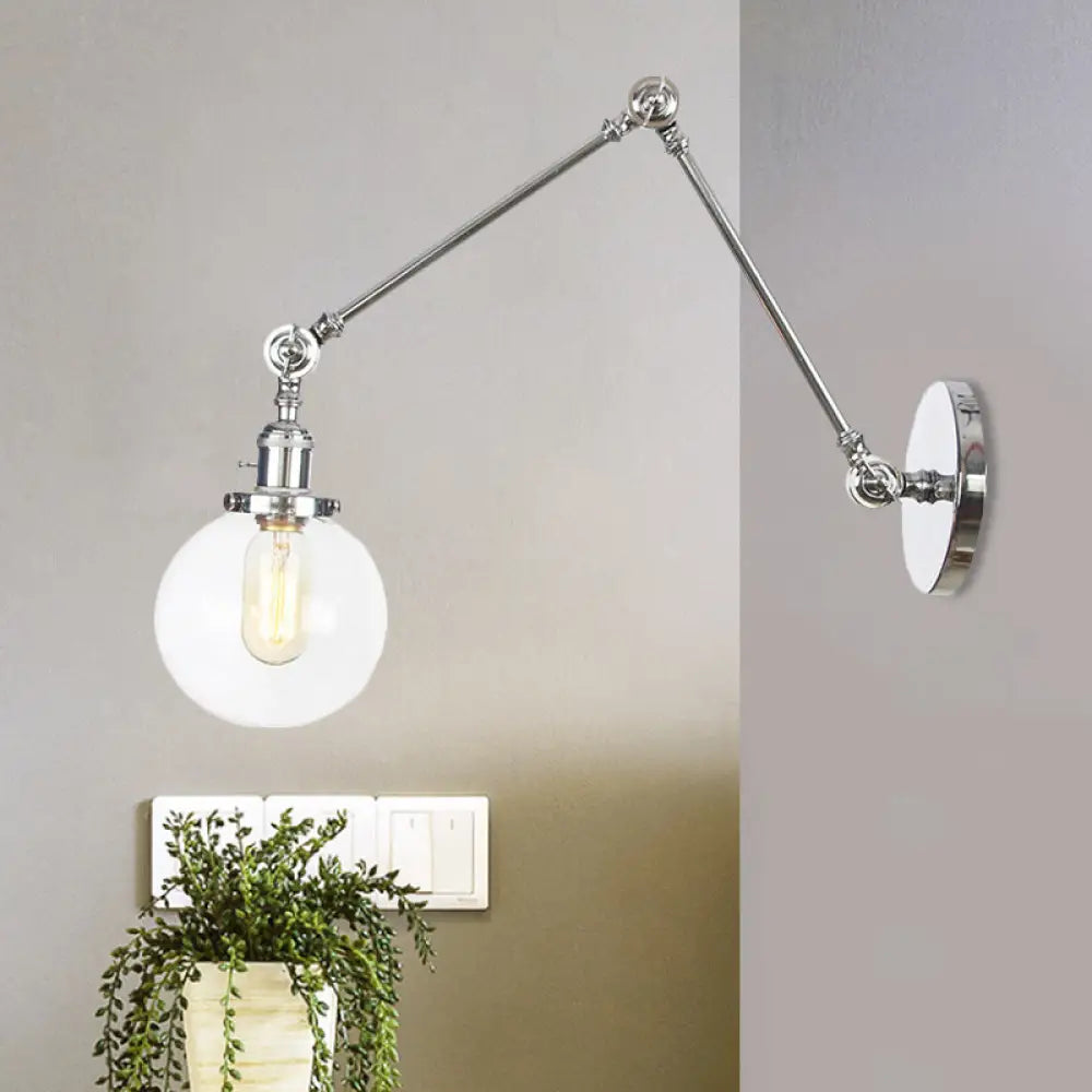 Vintage Chrome/Copper/Bronze Orb Wall Sconce Lamp - Clear/Amber Glass Adjustable Arm 1 Light Ideal
