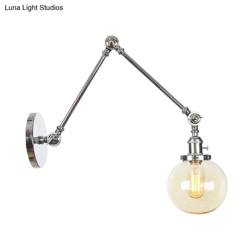 Vintage Chrome/Copper/Bronze Orb Wall Sconce Lamp - Clear/Amber Glass Adjustable Arm 1 Light Ideal