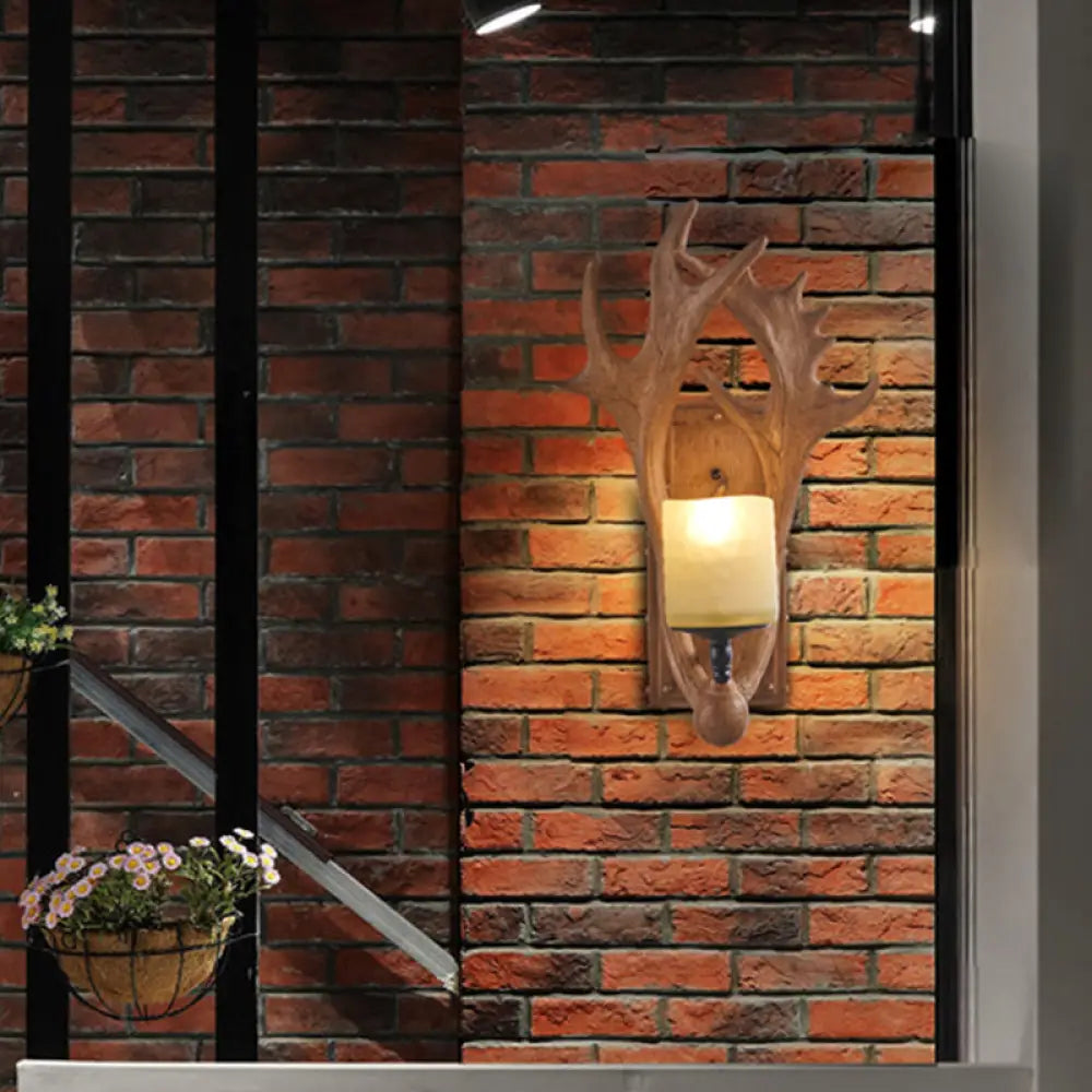 Vintage Deer Horn Wall Lamp With Cylinder Beige Glass Shade For Restaurants 1 / Brown