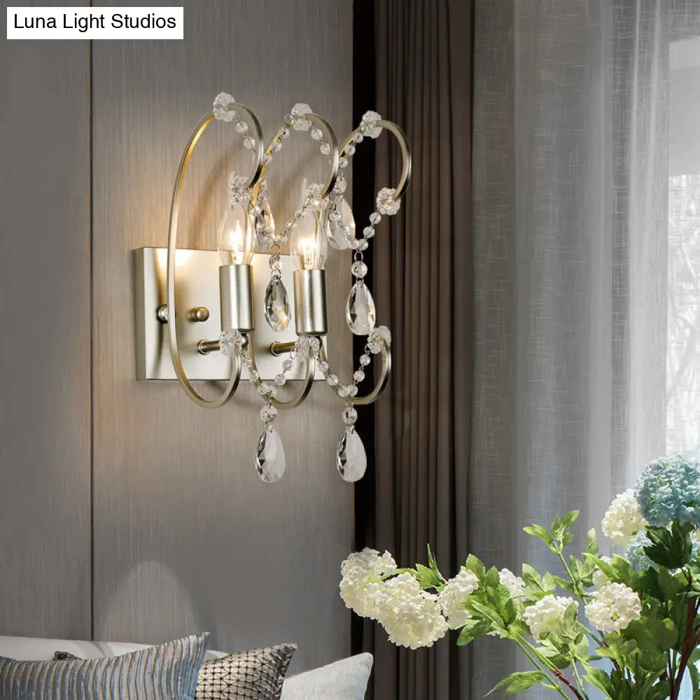 Vintage Exposed Sconce With Metallic Chrome Finish Clear Crystal Beads And 2 Bulbs For Living Room