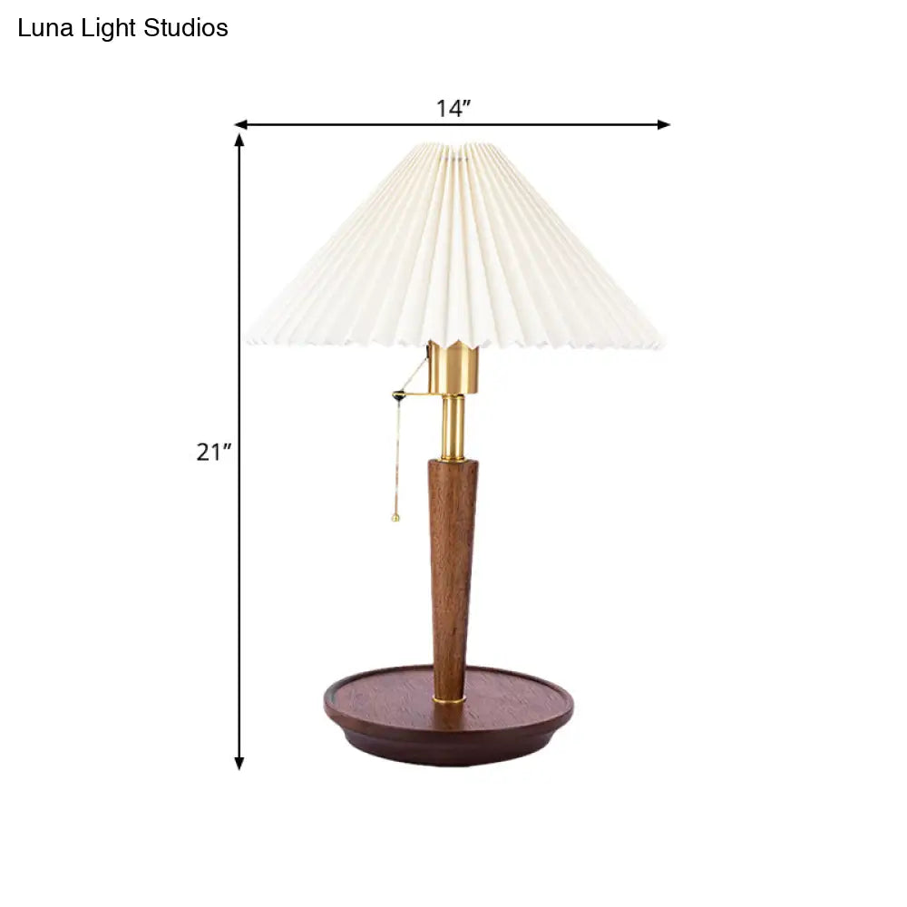 Vintage Fabric Fluted Cone Table Light With Wooden Base And Pull Chain - Ideal For Bedroom Reading