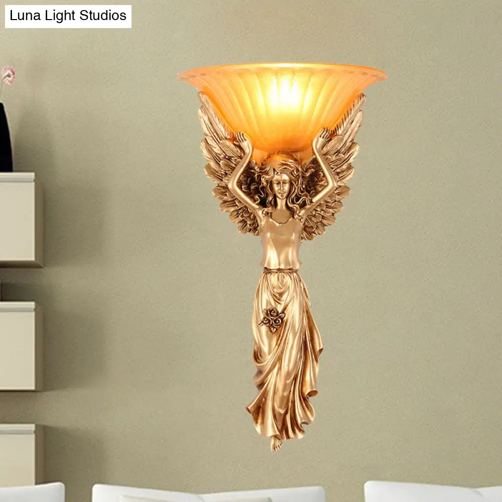 Vintage Flared Ribbed Glass Wall Lamp With Gold/White Angel Base - 1 Light Sconce