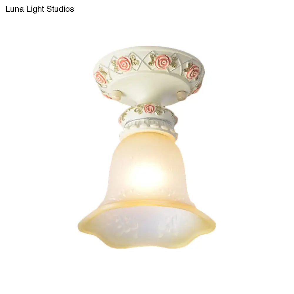 Vintage Floral Flush Ceiling Light With White Opaline Glass And Carving Pattern